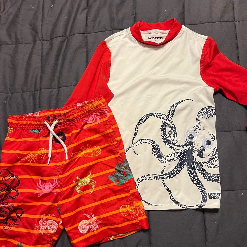 Lands' End Kids Rashguard Set - Red and Cream octopus
